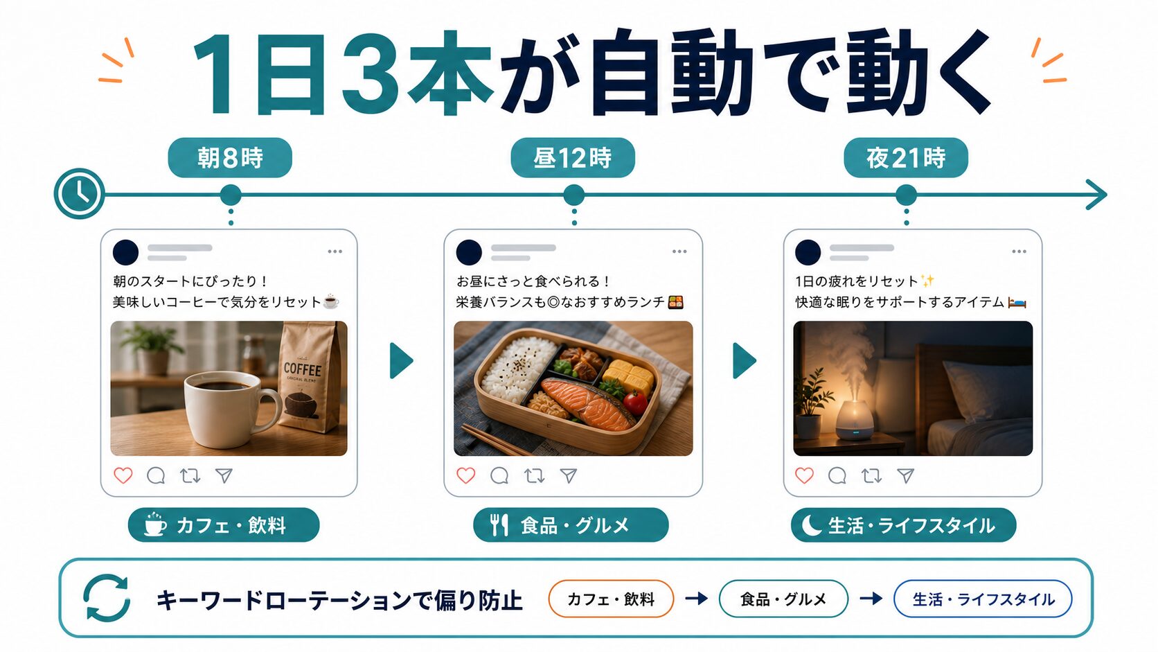 朝昼夜の1日3本を自動投稿する運用タイムライン